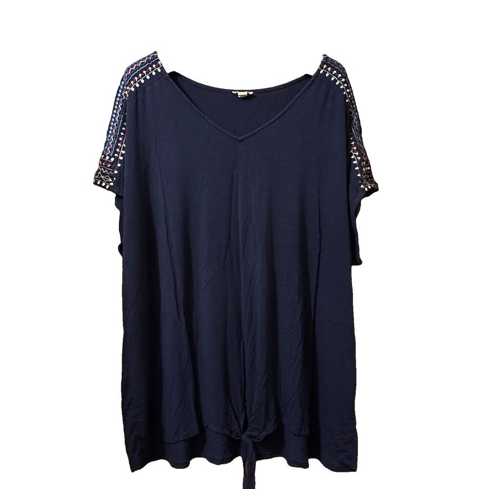 Women’s Westport Blue Embroidered Shoulders Short Sleeve Knit Top Size 3X